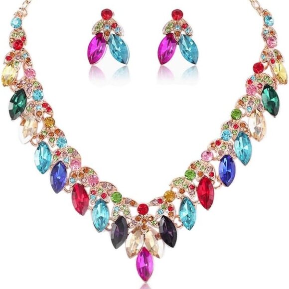 Crystal Floral Statement Necklace Earring Rhinestone Bib Collar Chunky Necklace - Picture 1 of 7